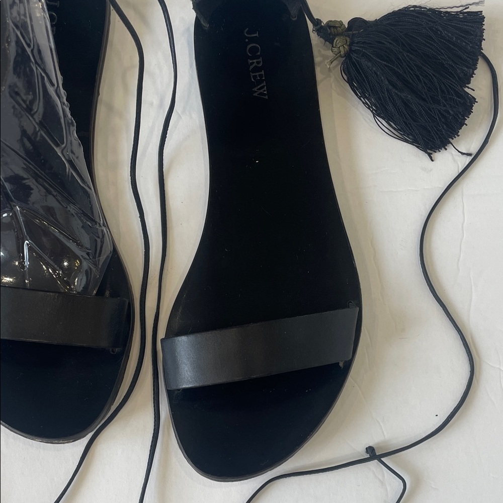 J. Crew Black Leather Tassel Wrap Sandals - Picture 4 of 8